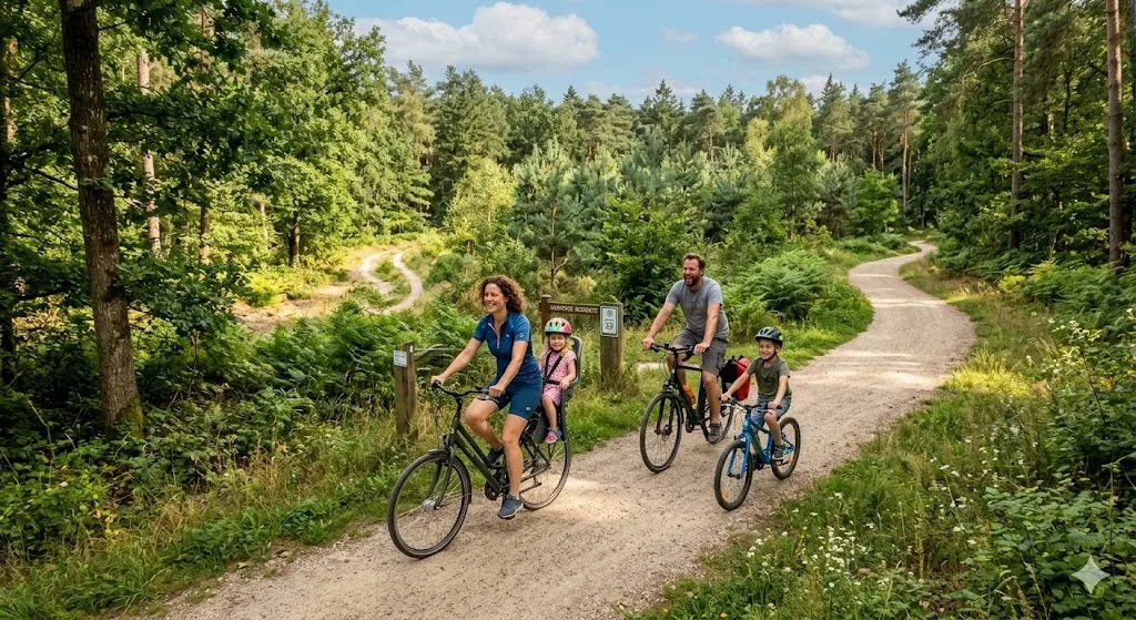 Gezin op de fiets langs een bospad in de Belgische Kempen bij Turnhout