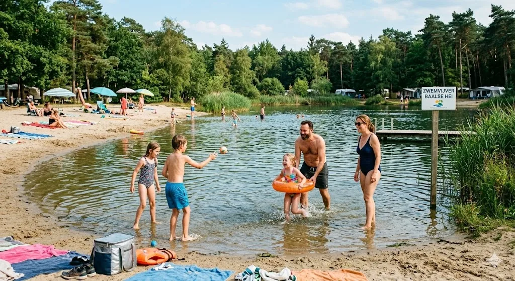 Gezin geniet van de zwemvijver op Camping Baalse Hei in de Kempen